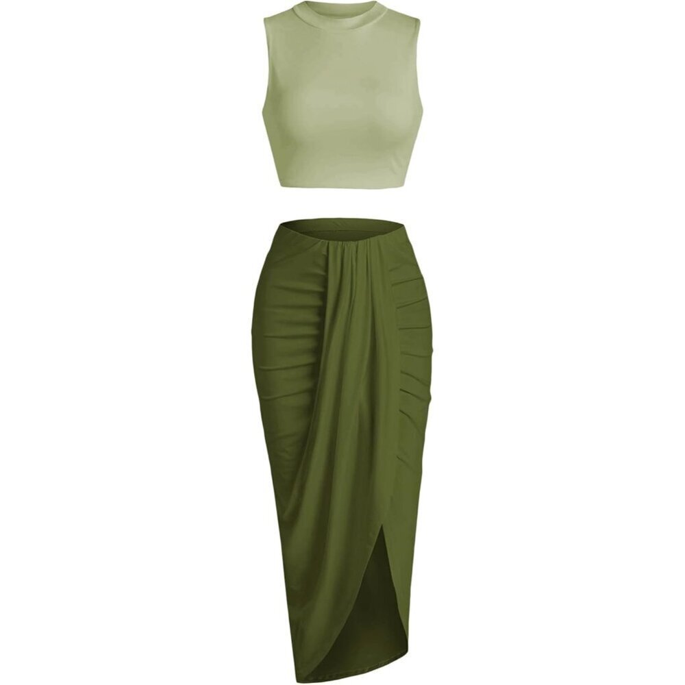 Women's Summer Two Piece Set Crop Top Maxi Skirt Solid Casual Dress